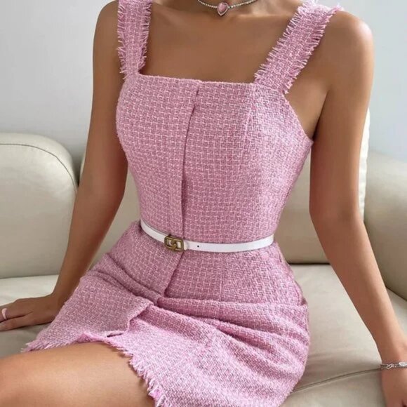 PINK TWEED MINI DRESS CHIC CLASSY - Picture 1 of 5